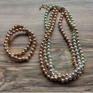 Metallic Rose Gold Silver Toned Beaded Choker Necklace & Bracelet Set